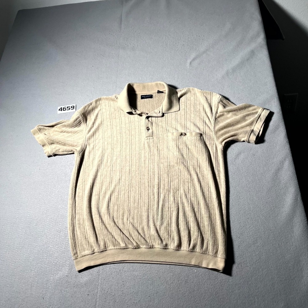 Safe Harbor Sportswear Polo Shirt Men Large‎ Tan Textured Stripe Short Sleeve
